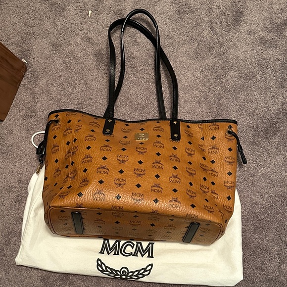 MCM Handbags - MCM Tan Visetos Tote with Black Handles